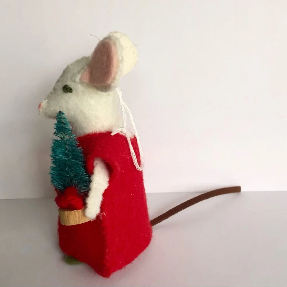 Holly Christmas felt Mouse ornament with green tree with bow hand-sewn handmade